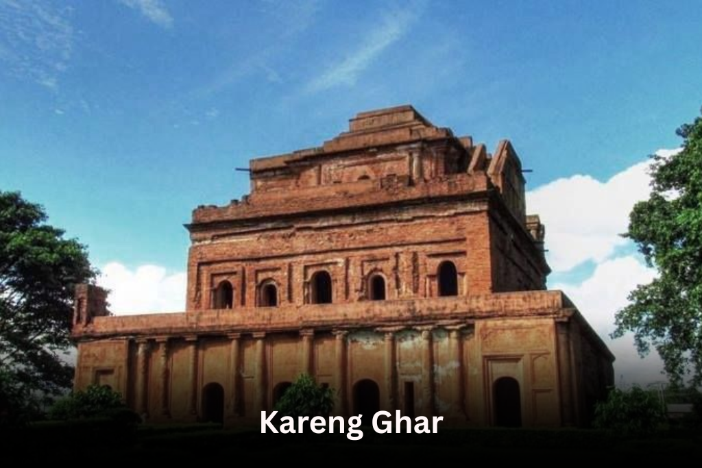 The red brick royal palace of Kareng Ghar Assam District of Assam, showing its unique multi-storied, pyramidal architecture.