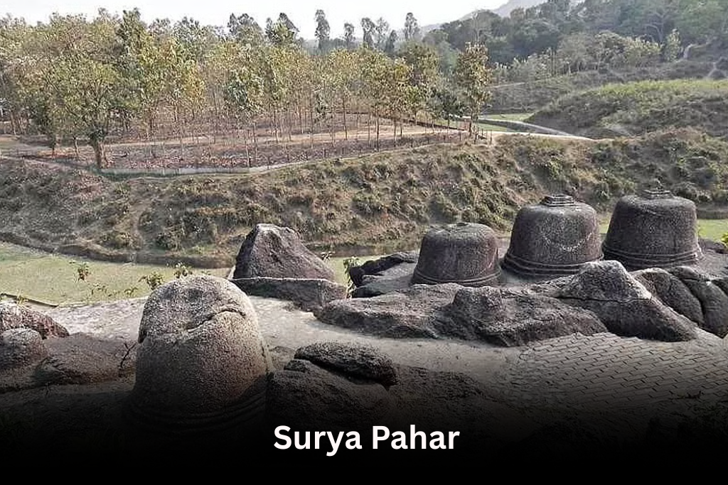 Carved stone structures and ancient ruins on Surya Pahar in Assam, with hills and dry, sparse trees in the background.