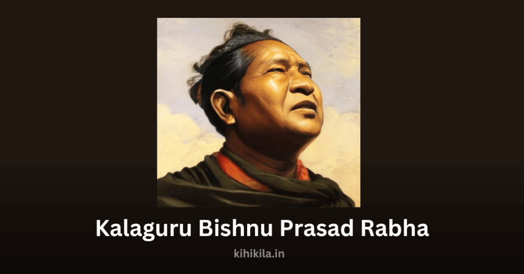 A digitally enhanced portrait of Kalaguru Bishnu Prashad Rabha, looking determined and visionary against a warm-toned sky, symbolizing his revolutionary spirit.