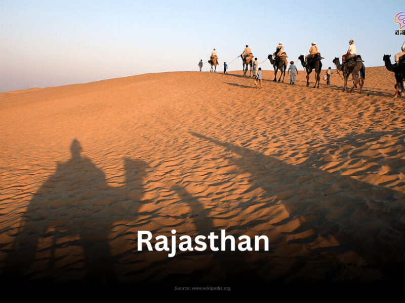 Camels and people silhouetted against a sand dune in the Thar Desert, Jaisalmer, Rajasthan, with the word "Rajasthan" overlayed.