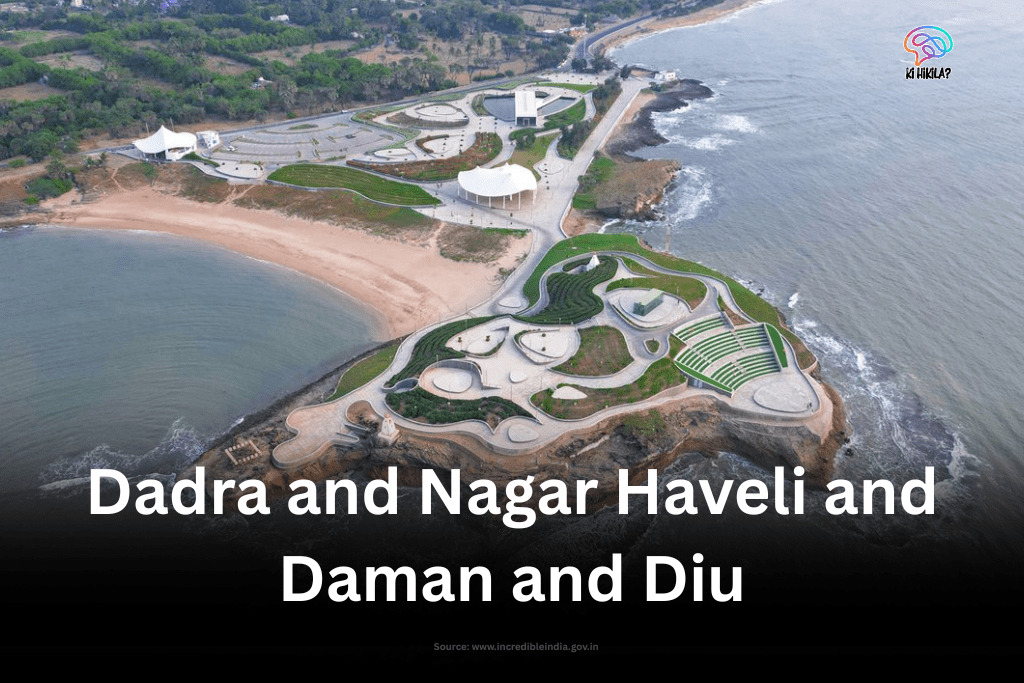 Aerial view of a modern coastal promenade in Dadra and Nagar Haveli and Daman and Diu, showcasing landscaped gardens and walkways.
