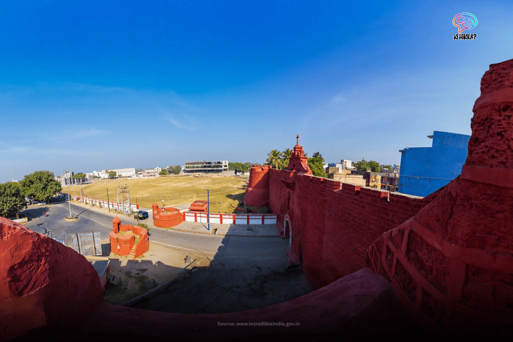 View from the red laterite battlements of St. Jerome Fort, a historic Portuguese fort in Dadra and Nagar Haveli and Daman and Diu.