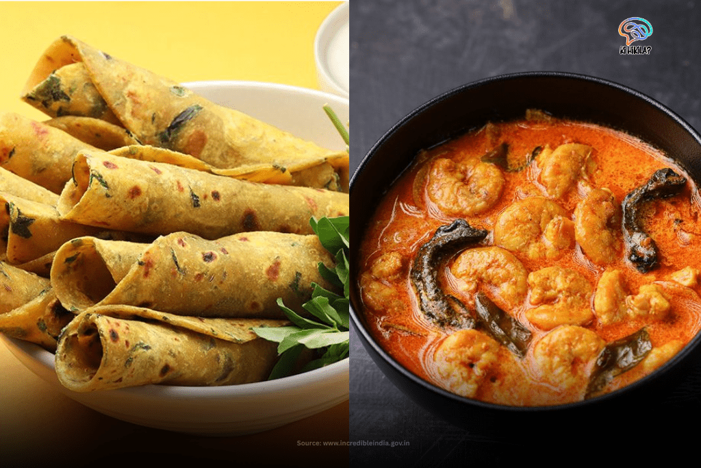 Local cuisine from Dadra and Nagar Haveli and Daman and Diu, featuring thepla flatbreads and a coastal prawn curry.