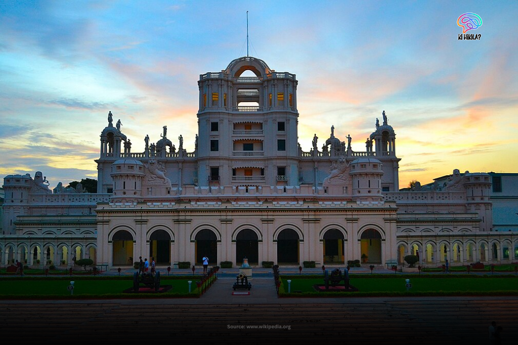 La Martiniere College in Lucknow, a grand colonial-era building illuminated by sunset with intricate statues and architecture.