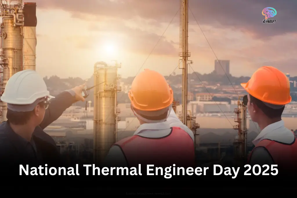 Three engineers in hard hats observe a thermal power plant at sunset, with 
