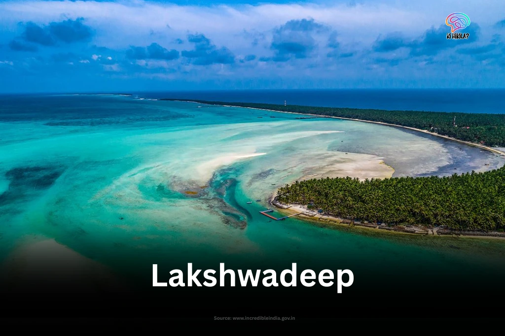An aerial view of a pristine atoll in Lakshadweep, showcasing the turquoise lagoon, white sandbanks, and lush green coconut groves.