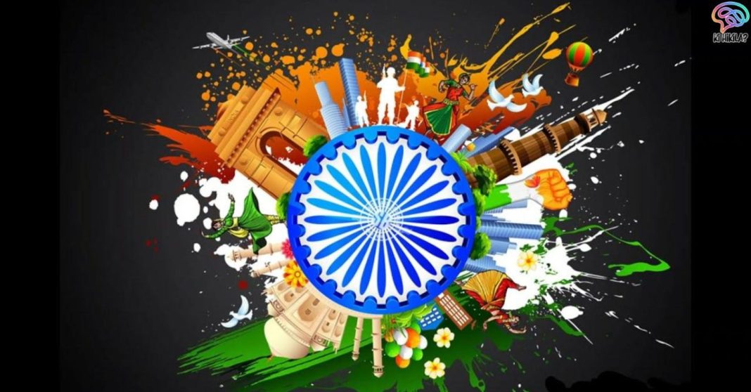 Artistic collage of Indian landmarks, Ashoka Chakra, and cultural elements symbolising patriotism for Independence Day 2025.