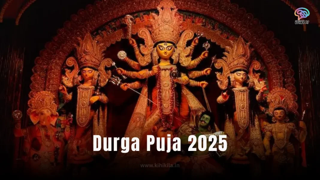 An ornate and colorful idol of Goddess Durga with her ten arms, riding a lion and slaying the demon Mahishasura, surrounded by other deities.