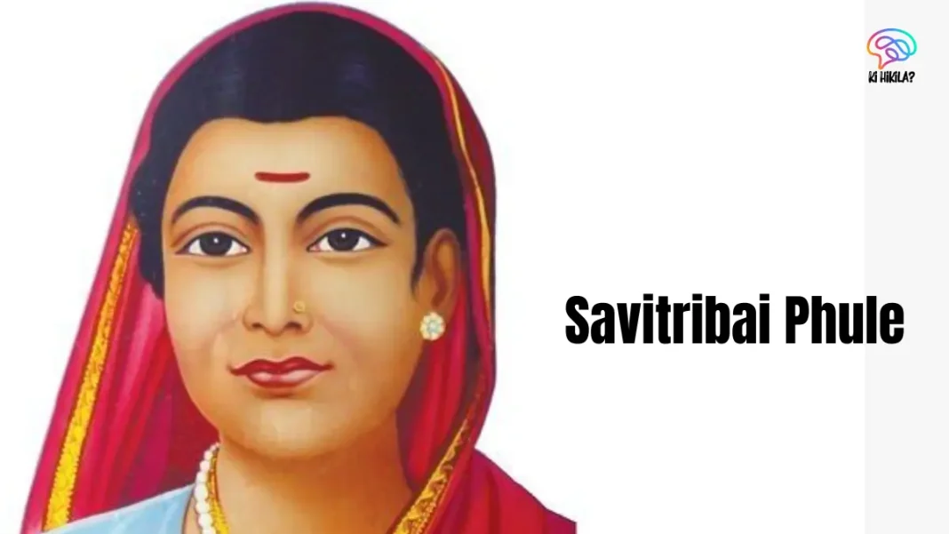 A colored portrait of Savitribai Phule, an Indian social reformer and poet, wearing a red saree and a nose ring.