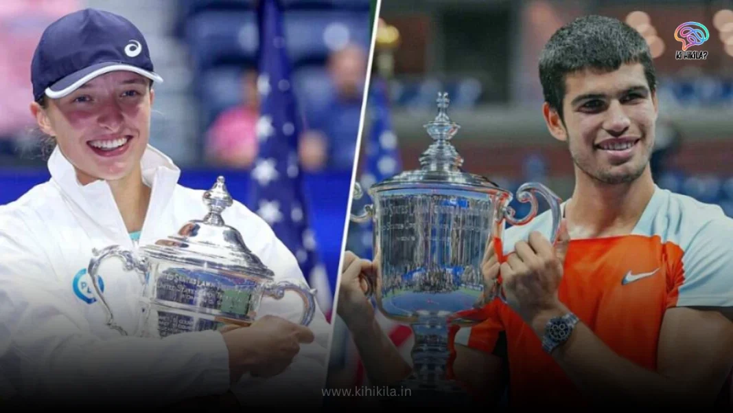 A split image showing two smiling tennis players, a woman and a man, each holding a trophy, representing the Open Tennis Winner List.
