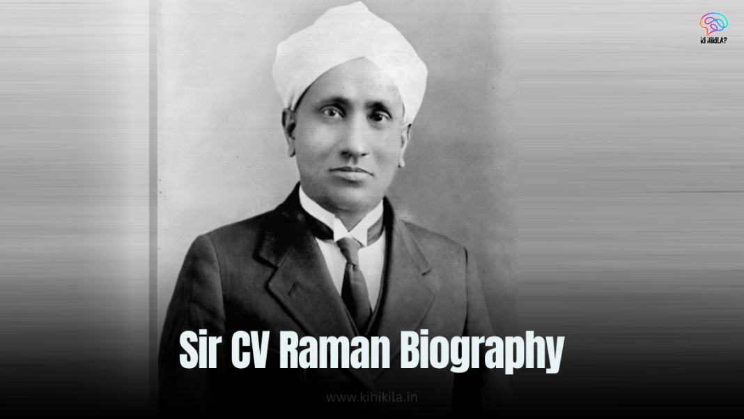 Sir CV Raman Biography: An illustration of Sir CV Raman with a gray beard, wearing a turban and holding a scientific instrument, set against a blue background.