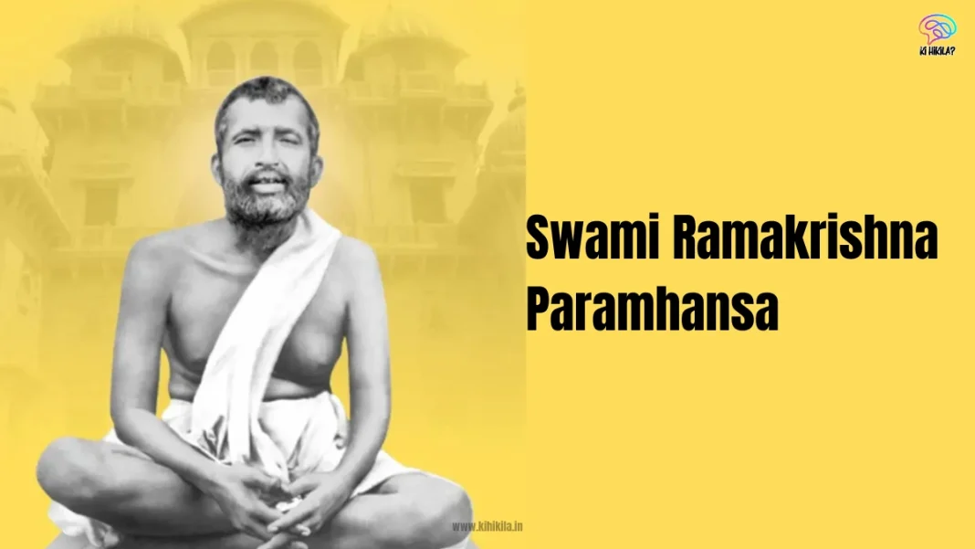Swami Ramakrishna Paramhansa: A serene portrait of a bearded sage in a saffron robe, meditating under a tree with a calm river in the background.
