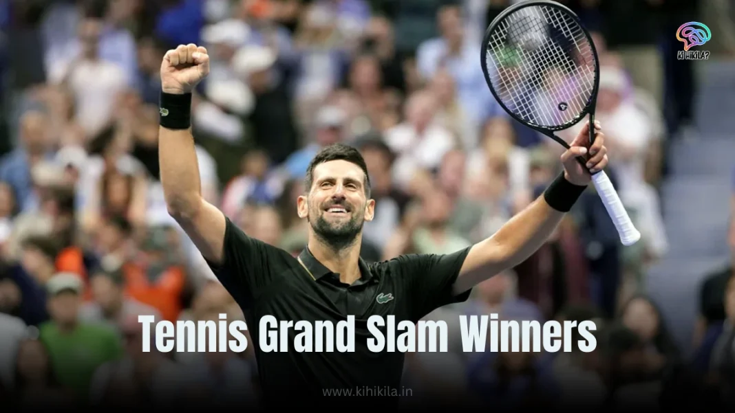 Open Tennis Winner List: A triumphant tennis player in a black shirt raising his racket and fist in victory, with a cheering crowd in the background and the text 